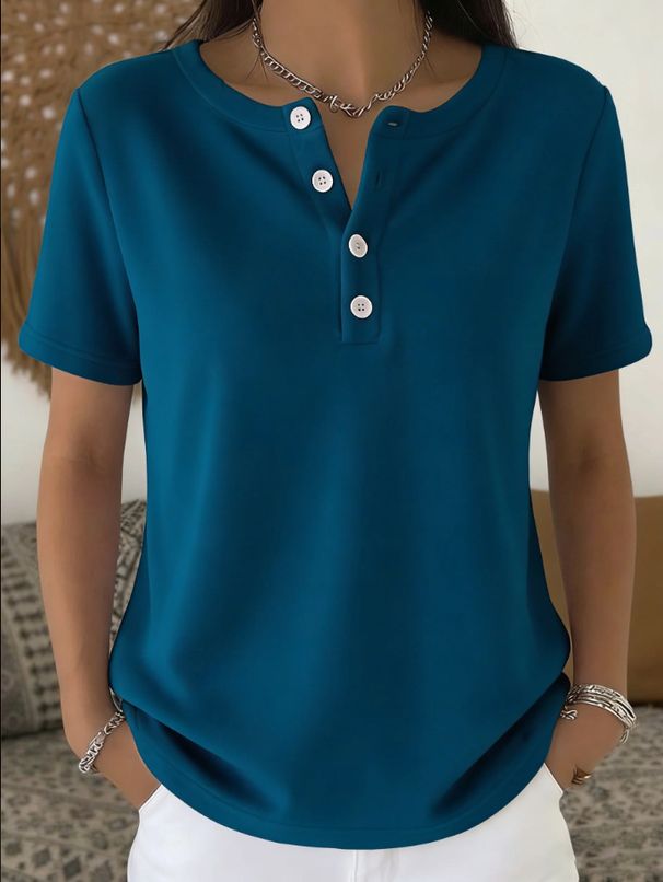 2026 New Women's Slim Fit Short Sleeve T-Shirt Solid Color Casual Button up Top Versatile Polyester Cotton Tees for Wholesale_ecoleips.com