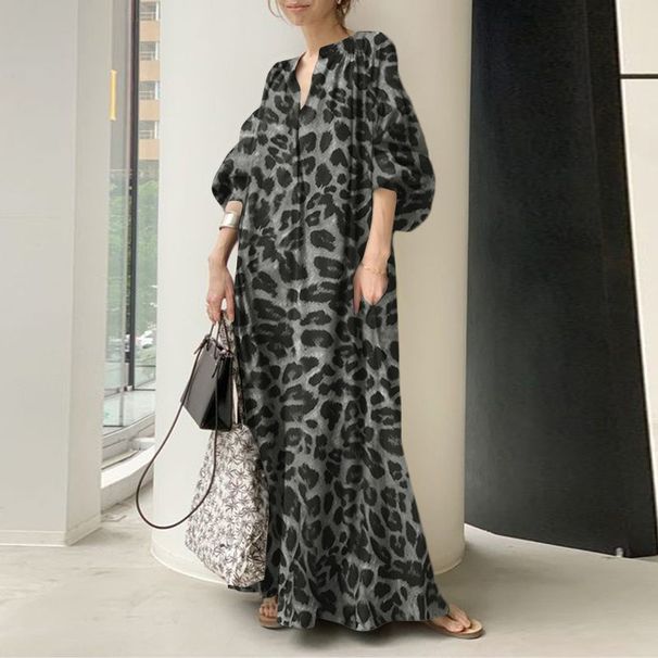 Fashion Printed Maxi Dress Women's Leopard Sundress 2023 ZANZEA Spring Puff Sleeve Long Vestidos Female V Neck Robe Oversize_ecoleips.com