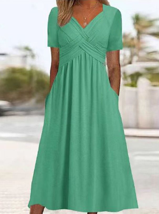 Women's Clothing Women's Solid Color V Neck Short Sleeve Dress With Pocket Autumn Fashion Personalized Clothing_ecoleips.com