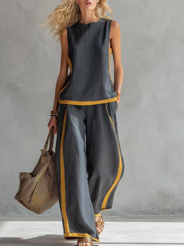 Women's Summer Casual Fashion Color Block Wide Leg Pants Set Sleeveless Two Piece Set European And American Style Trendy Cross Border_ecoleips.com