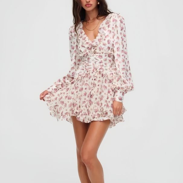 floral Ruffle Trim Waist V-neck Long-sleeve Dress For Women, European And American Seaside Vacation Pleated Mini Skirt_ecoleips.com