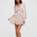 floral Ruffle Trim Waist V-neck Long-sleeve Dress For Women, European And American Seaside Vacation Pleated Mini Skirt_ecoleips.com