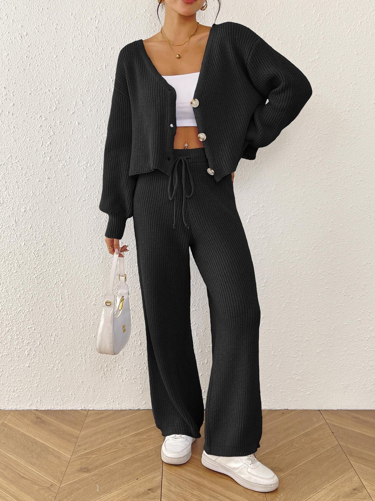 Women's Casual Solid Color Two-Piece Set Loose Cardigan Straight Pants Wide Leg Drawstring Outfit For Autumn Winter_ecoleips.com