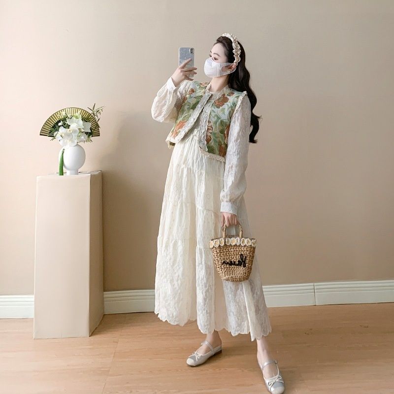 Autumn New Korean Fashion Vest Lace Maternity Dress_ecoleips.com