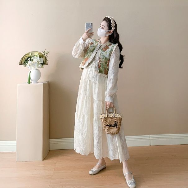 Autumn New Korean Fashion Vest Lace Maternity Dress_ecoleips.com