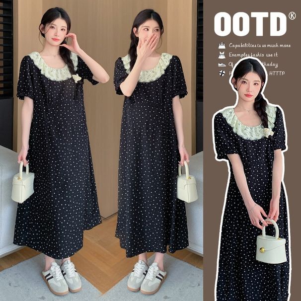 Summer New Korean Fashion Floral Patchwork Lace Trim Long Maternity Dress_ecoleips.com