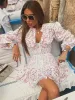 TARUXY V-Neck Printed Mini Lace Dress Female Ruffled Fashion High Waist Long Sleeve Splice Contrast Slim Fit Bandage Party Dress_ecoleips.com
