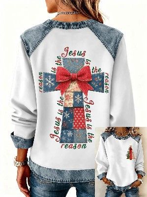 New Women's 3D Printed Denim Crew Neck Sweatshirt Loose Fit Fashion_ecoleips.com