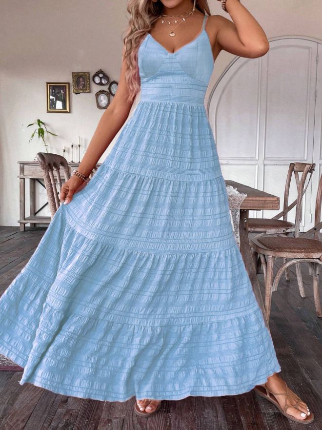 Women’s Clothing New V Neck Suspender Dress With Back Straps Solid Color Long Skirt_ecoleips.com
