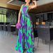 Women's Clothing Spring Temperament Commuting Sleeveless Large Swing Sling Type Printed Green High Waist Bodysuit_ecoleips.com