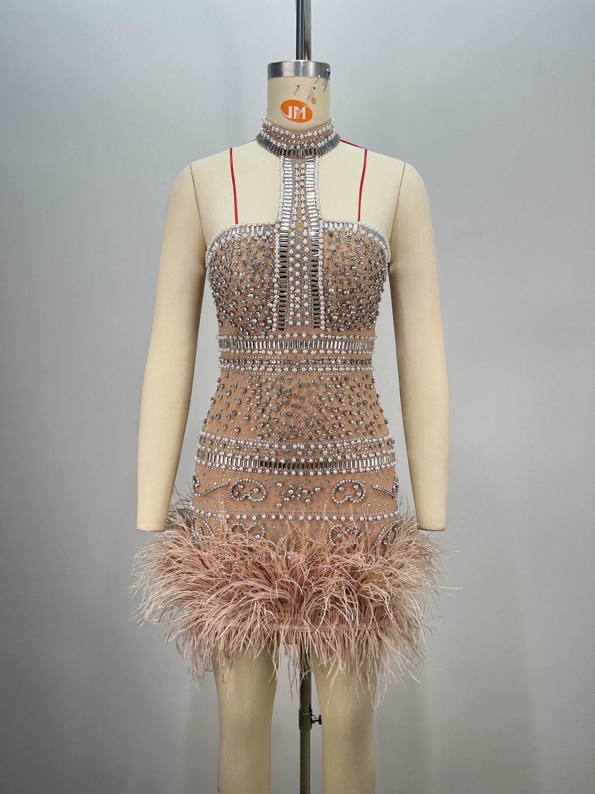 Women's Clothing New High Collar Halter Neck Hot Diamond Nail Diamond Pearl Feather Apricot Color Heavy Industry Sexy Party Host Dress_ecoleips.com