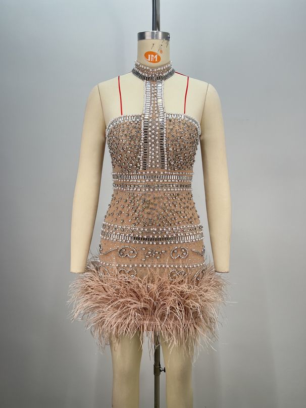 Women's Clothing New High Collar Halter Neck Hot Diamond Nail Diamond Pearl Feather Apricot Color Heavy Industry Sexy Party Host Dress_ecoleips.com