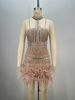 Women's Clothing New High Collar Halter Neck Hot Diamond Nail Diamond Pearl Feather Apricot Color Heavy Industry Sexy Party Host Dress_ecoleips.com