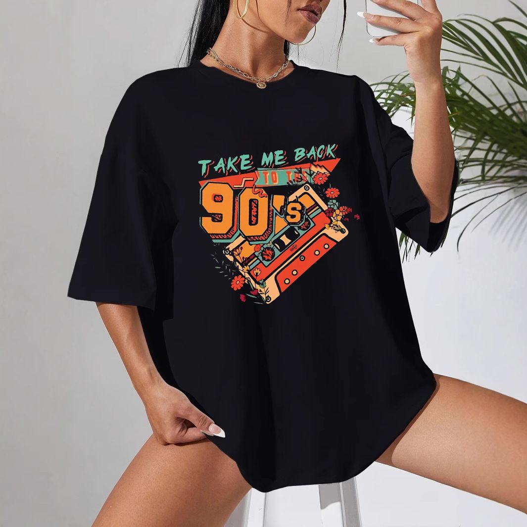 Women's Casual Black T-Shirt round Neck Short Sleeve Loose Print Sporty Simple Top_ecoleips.com