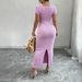Women's Purple Sweetheart Neck Short Sleeve Stretchy Ribbed Knit Bodycon Midi Dress Summer Beach Vacation Party Long Dress_ecoleips.com