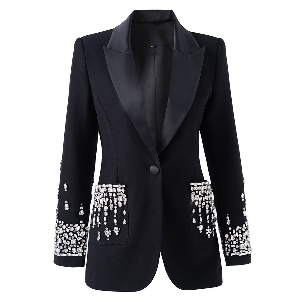 Elegant Rhinestone Embellished Blazer For Women - Single Button Formal Jacket With Intricate Beading For Office & Evening Wear_ecoleips.com