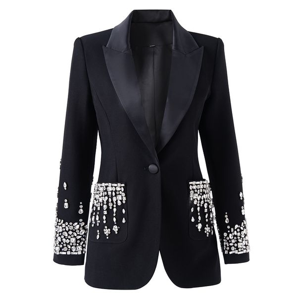 Elegant Rhinestone Embellished Blazer For Women - Single Button Formal Jacket With Intricate Beading For Office & Evening Wear_ecoleips.com