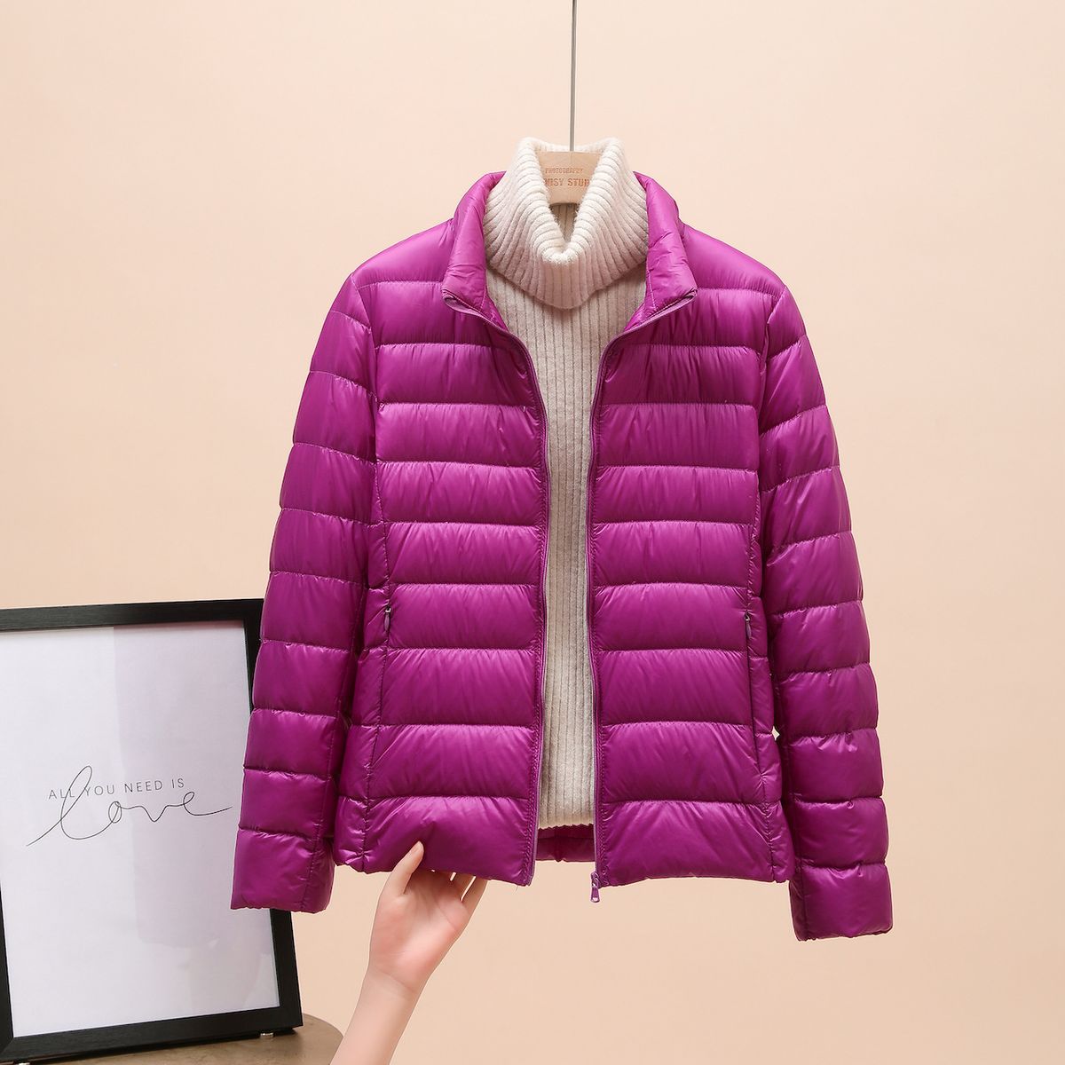 Women's Lightweight Down Jacket With White Duck Feather Filling, Slim Fit Short Puffer Coat For Winter, Fashionable Zipper Design_ecoleips.com