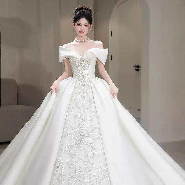 Off-shoulder, Elaborate, Plus-size Satin Brides, 2026 New French-style Luxurious Main Wedding Dress For Petite Brides_ecoleips.com