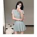 Modest Light Gray Short Sleeve One Piece Swimsuit With Zipper Front Flared Skirt Bottom Athletic Swimwear For Beach Pool_ecoleips.com