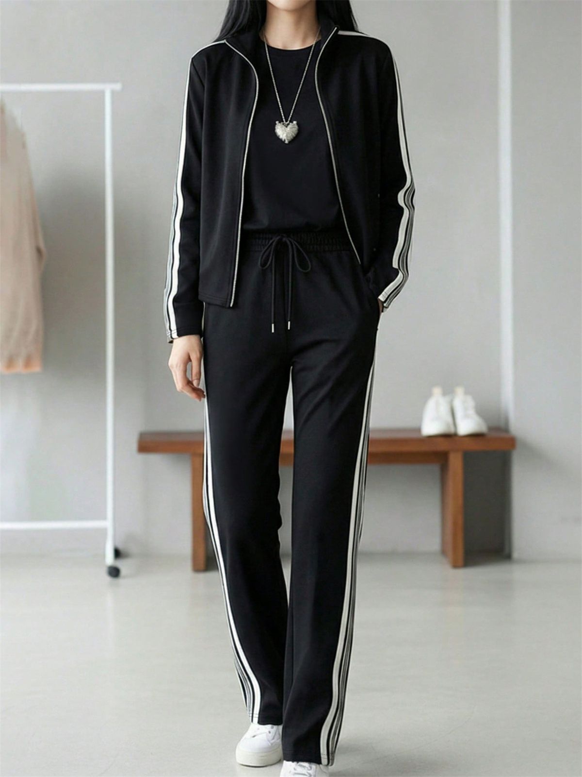 Women's Casual Suit Spring/Autumn/Winter Collection Color Blocked Striped Stand up Collar Zip up Jacket with Drawstring Straight Leg Trousers_ecoleips.com