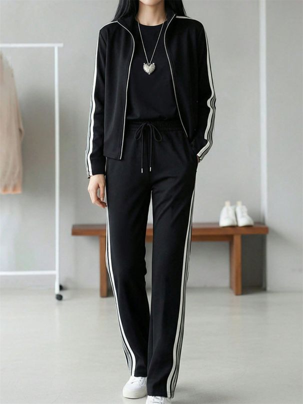 Women's Casual Suit Spring/Autumn/Winter Collection Color Blocked Striped Stand up Collar Zip up Jacket with Drawstring Straight Leg Trousers_ecoleips.com