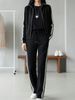 Women's Casual Suit Spring/Autumn/Winter Collection Color Blocked Striped Stand up Collar Zip up Jacket with Drawstring Straight Leg Trousers_ecoleips.com