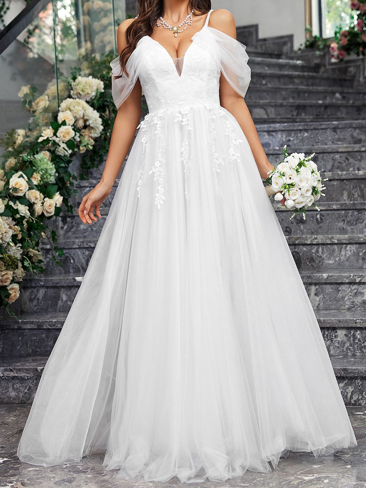 Women's Clothing Solid Color V Neck Sling Mesh Wedding Elegant Slim Big Swing Wedding Ladies Wedding Dress Evening Dress_ecoleips.com