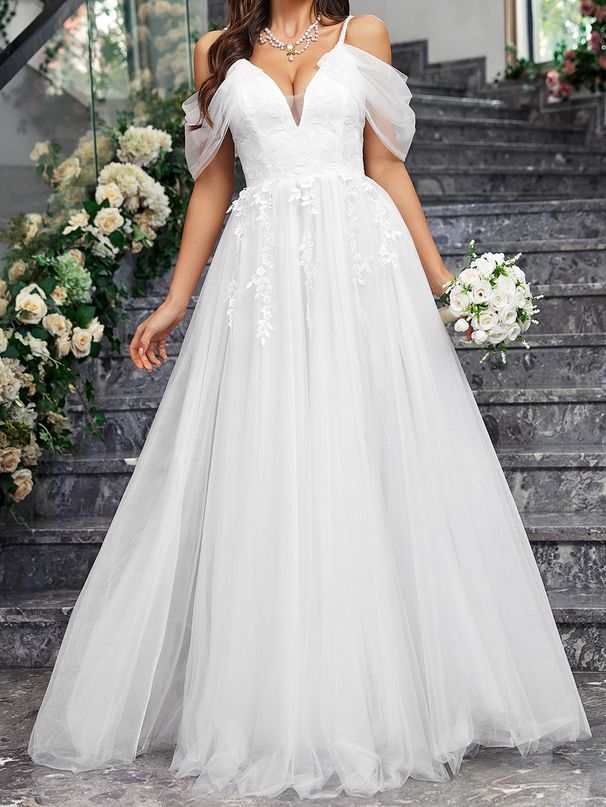 Women's Clothing Solid Color V Neck Sling Mesh Wedding Elegant Slim Big Swing Wedding Ladies Wedding Dress Evening Dress_ecoleips.com