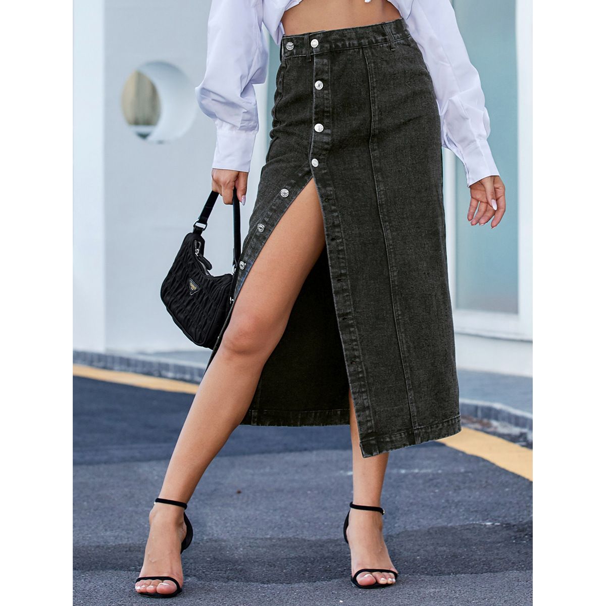 Verve -30291#Women's INS Irregular Split High-Waisted Denim Skirt_ecoleips.com
