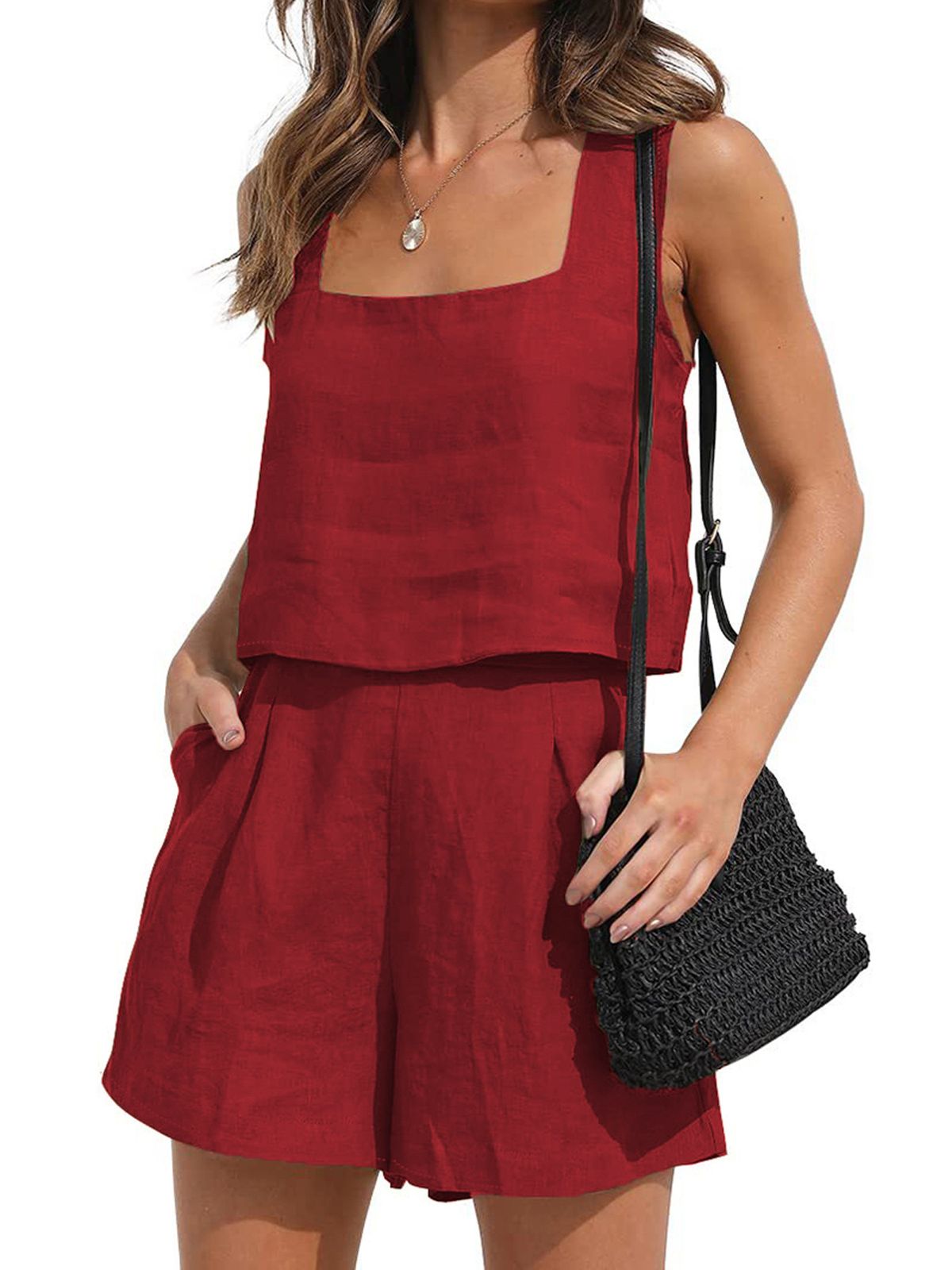 Verve 2024 New Women's 2-Piece Casual Set Square Neck Shorts Sleeveless Top Vest_ecoleips.com