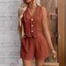 Women's Clothing Linen Casual Commuter Front Button Vest And Shorts Set V Neck Vest_ecoleips.com