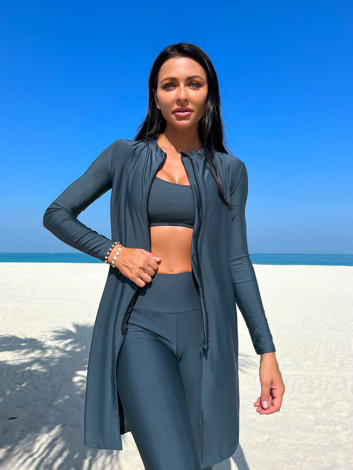 Women's Clothing New Muslim Conservative Solid Color Long Sleeved Trousers Sun Protection Beach Swimwear Three Piece Swimsuit_ecoleips.com