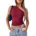 Women's Clothing New Solid Color One Shoulder Backless Pleated Vest Top T Shirt Female_ecoleips.com