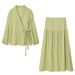Women's Clothing Women's Fashion Set - Tie Up Ruffle Long Sleeved Shirt And Solid Color Simple Skirt For Formal & Casual_ecoleips.com