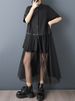 2026 Summer New Mesh Patchwork Vintage Shirt Dresses For Women Short Sleeve Loose Casual Ladies Dress Fashion Elegant Clothing_ecoleips.com