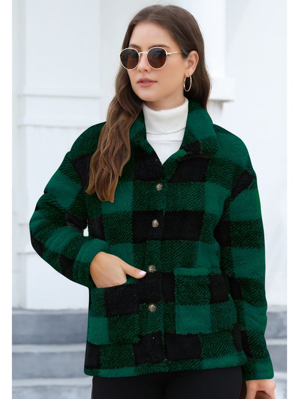 Plaid Fleece Jacket For Women - Classic Long Sleeve Coat With Patch Pockets (Winter Casual Outerwear, Multiple Colors & Sizes)_ecoleips.com