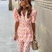 Women's Clothing Lace Up Printed Two Piece Lantern Sleeve Trousers_ecoleips.com