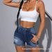 Summer Dark Blue Washed Ripped Stretch Denim Shorts Slim Fit mid Waist European American Style Women's Bottoms 2026 New Style_ecoleips.com