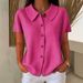 Fashionable And Elegant Lapel Waffle Knit Solid Color Casual Short Sleeved Shirt Women's Clothing Tops New_ecoleips.com