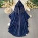 Women's Clothing High End Hot Diamond Beading V Neck Hooded Trumpet Sleeve Dress High End Temperament Irregular Chiffon Long Skirt_ecoleips.com