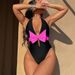 Sexy One-Piece Swimsuit With Large Bowtie - Nylon Pure Color Swimwear For Women, European Style With Chest Pad_ecoleips.com