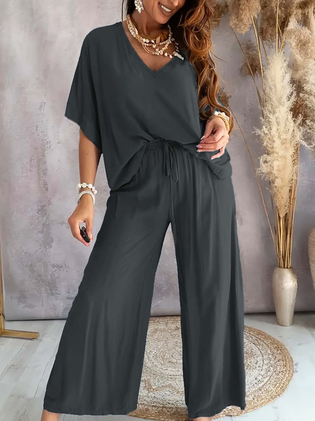 Cross Border European And American 2025 V Neck Bat Sleeve Casual Loose Wide Leg Pants Suit For Women_ecoleips.com