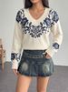 Women's V Neck Jacquard Knit Sweater European American Style Retro Rose Print Loose Fit Drop Shoulder Long Sleeve Pullover Top_ecoleips.com