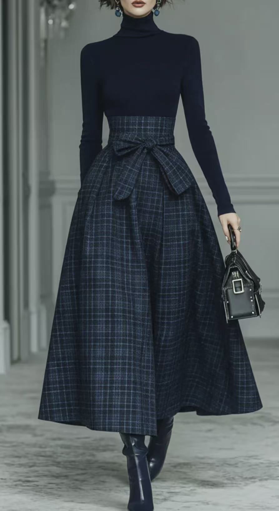 Women's Elegant Patchwork Plaid Dress Long Sleeved Solid Color Spring Autumn New_ecoleips.com