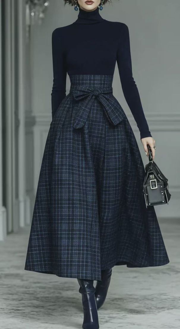 Women's Elegant Patchwork Plaid Dress Long Sleeved Solid Color Spring Autumn New_ecoleips.com