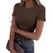 Women's Clothing Fashion Short Sleeve Elastic Round Neck Ribbed Slim Fit T Shirt Tops_ecoleips.com