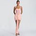 European And American Style Women's Summer Short Dress D26DS054 Solid Color Casual Mesh Patchwork Twisted Halter Neck with Ribbon_ecoleips.com