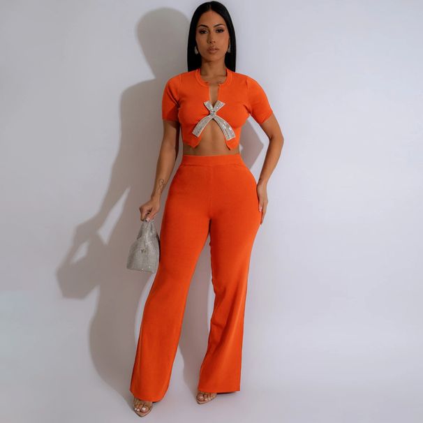 Women's Clothing Short Sleeved Short Top With Slim Fitting Flared Trousers Fashionable Two Piece Suit For Women_ecoleips.com