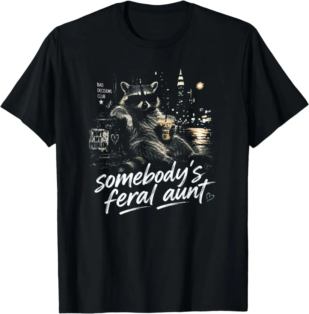Women's T-Shirts Somebody's Feral Aunt Raccoon Iced Coffee Sarcastic Animal T-Shirt_ecoleips.com